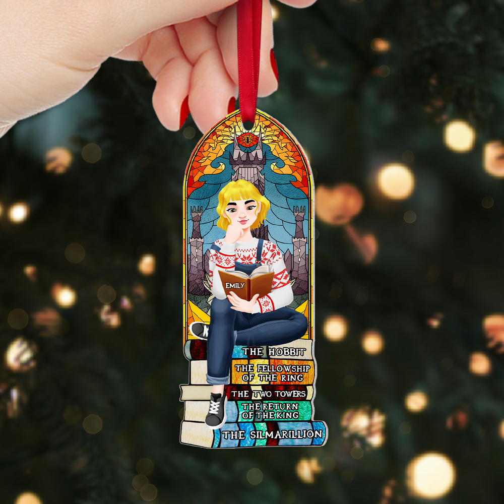Personalized Christmas Ornament for Book Lovers – Girl Sitting on Books Ornament PopCulturePrints