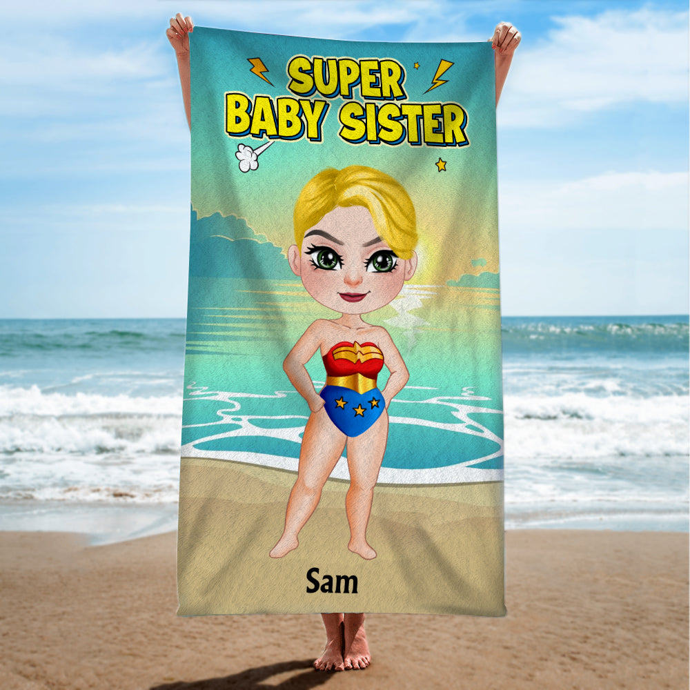 Super Baby Sister Personalized Beach Towel Beach Towel PopCulturePrints