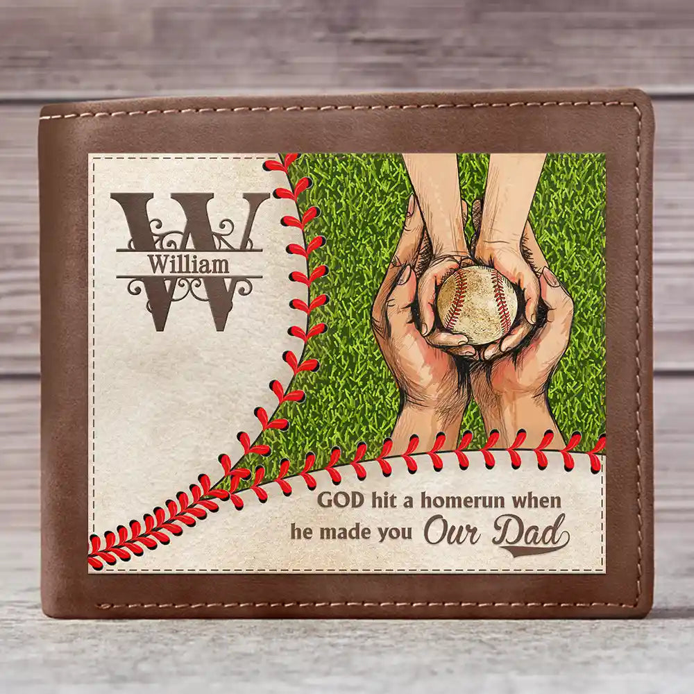 "God Hit A Homerun When He Made You Our Dad" - Personalized Leather Wallet - Custom Gift for Dads, Father Figures, Baseball Lovers Bifold Wallet PopCulturePrints