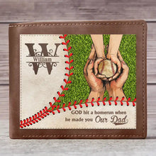 Load image into Gallery viewer, &quot;God Hit A Homerun When He Made You Our Dad&quot; - Personalized Leather Wallet - Custom Gift for Dads, Father Figures, Baseball Lovers Bifold Wallet PopCulturePrints

