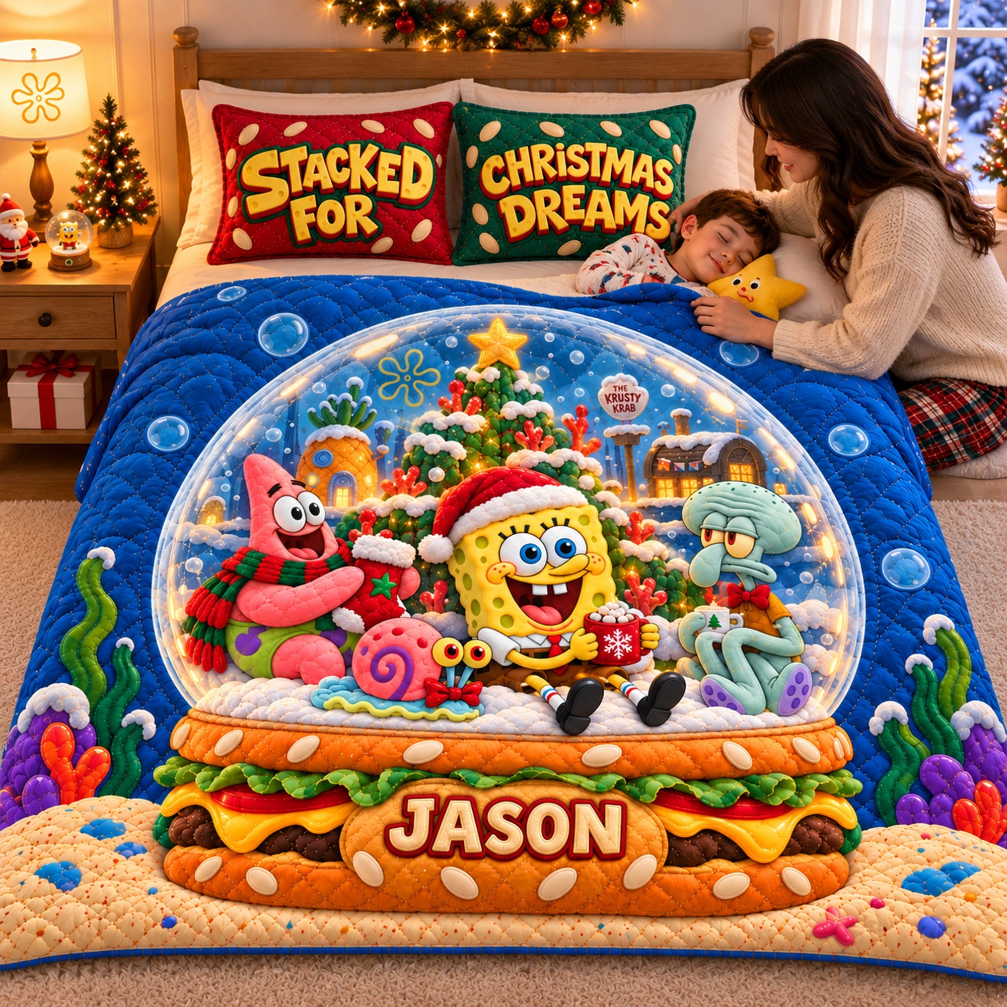 Bring Joy This Christmas with Our Personalized Yellow Sponge & Nautical Friends Quilt Bed Set - Perfect Gift for Kids & Fans of Public Culture
