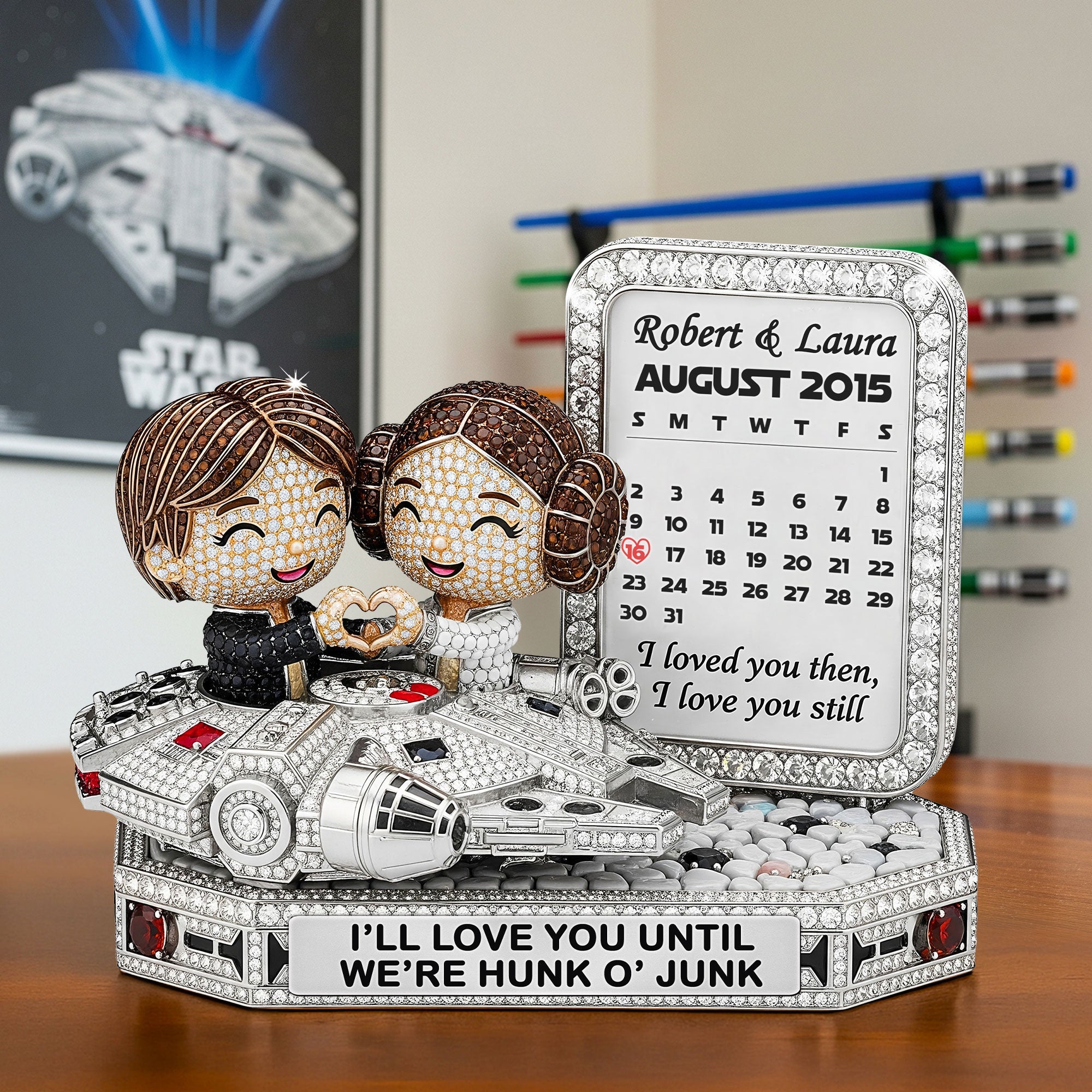 I'll Love You Until We're Hunk o' Junk - Cute Galaxy Couple Plaque - Personalized Gift for Couples Shaped Plaques PopCulturePrints