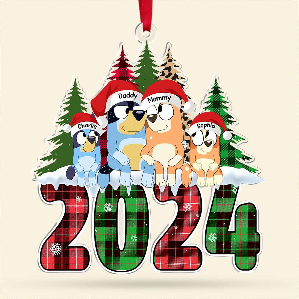 Personalized Family Christmas Ornament - Dogs & Trees Design