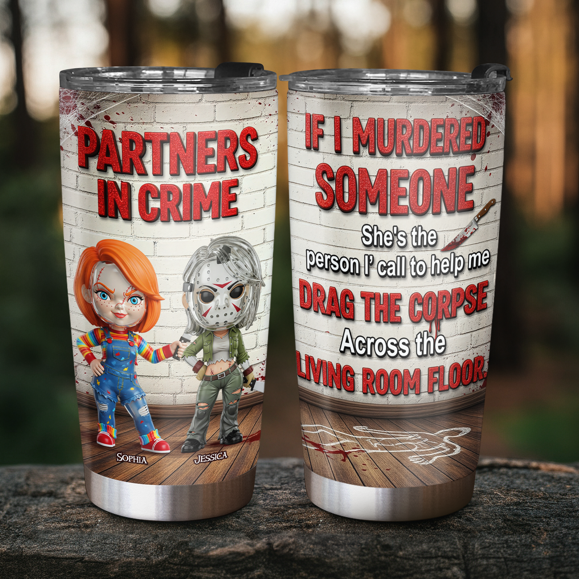 "Partners in Crime" - Custom Horror Friends 20oz Tumbler - Unique Personalized Gift for Besties Tumbler Cup PopCulturePrints