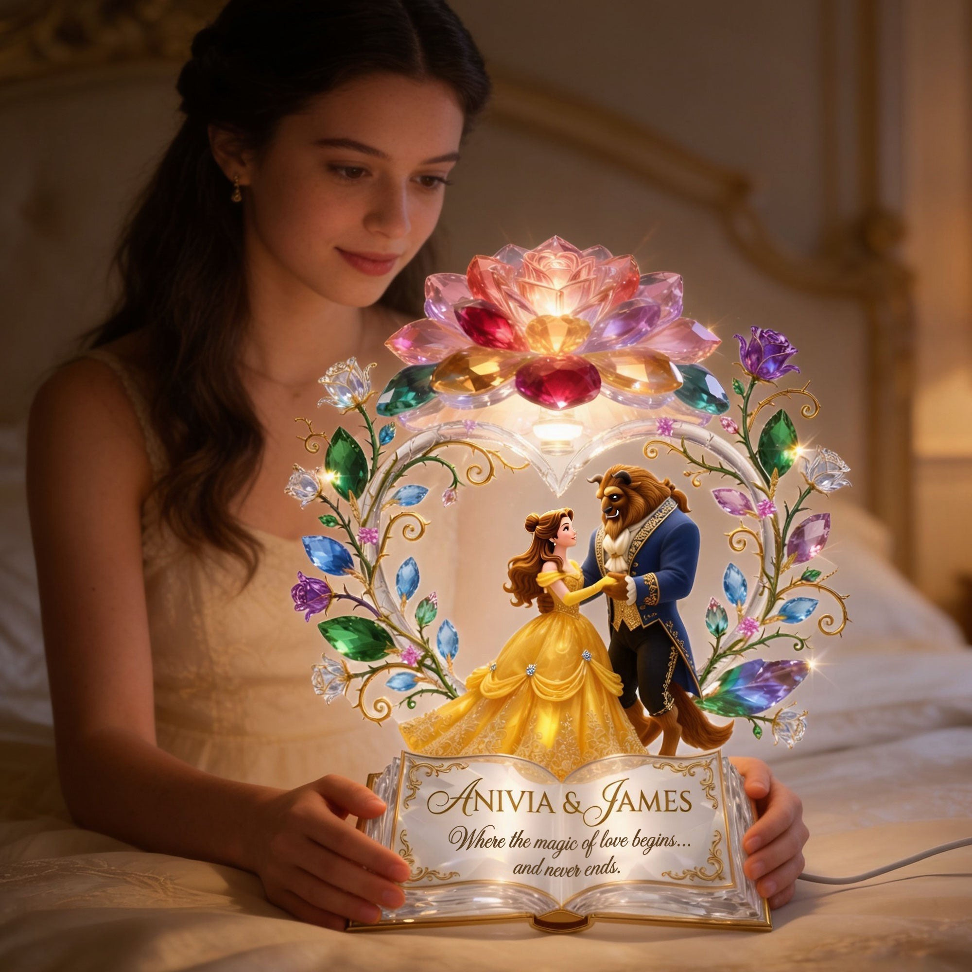 "Where the Magic of Love Begins" - Personalized Fairytale Couple Acrylic Light Box - Unique Gift for Couples, Anniversary, Engagement, Wedding Light Box PopCulturePrints