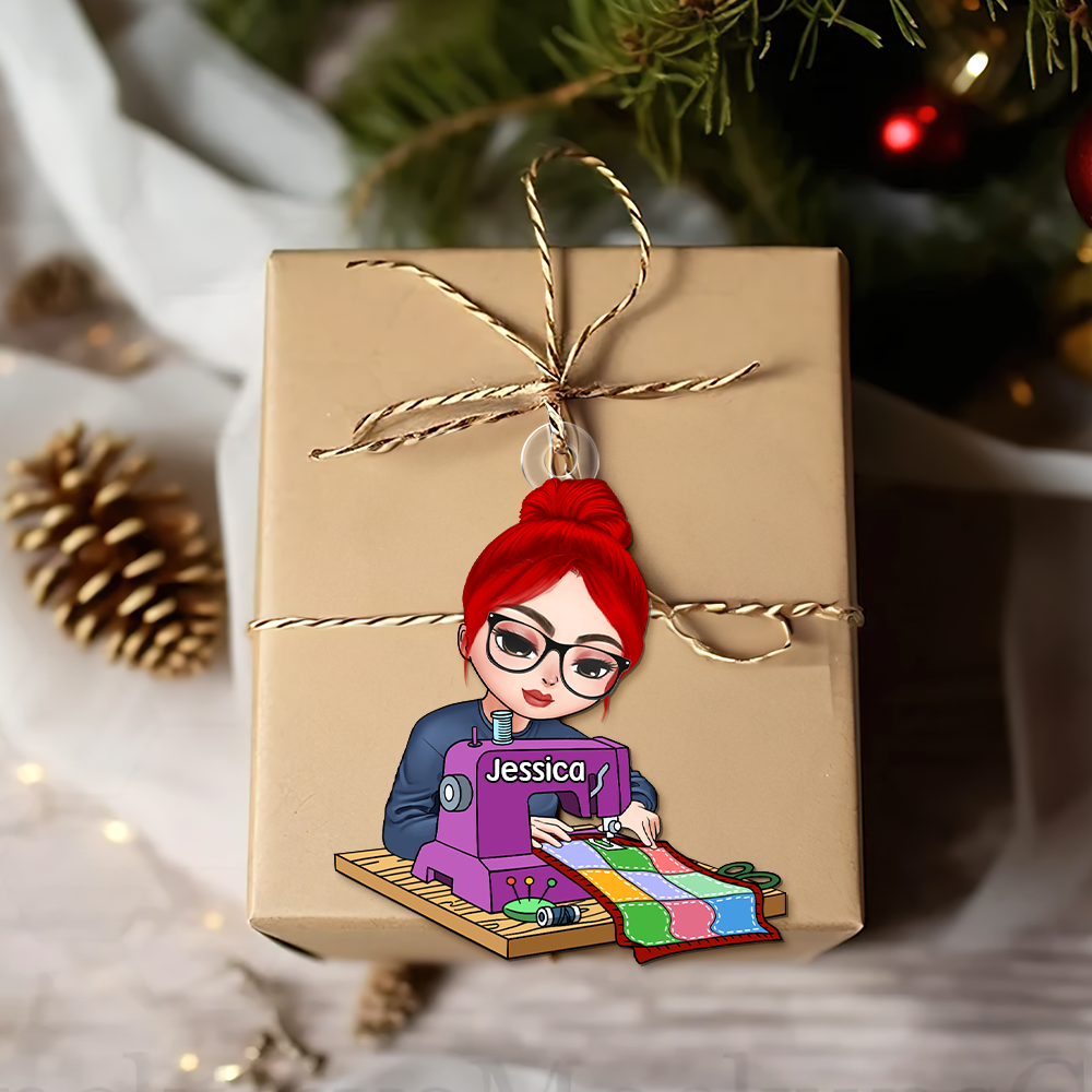 Personalized Sewing Lover Ornament - Sitting Girl with Sewing Machine Ornament PopCulturePrints