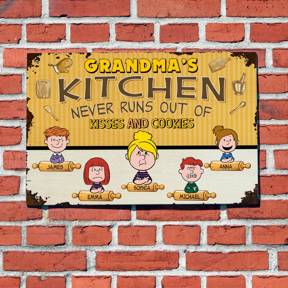 Personalized Grandma's Kitchen Metal Sign - Custom Cartoon Family Characters