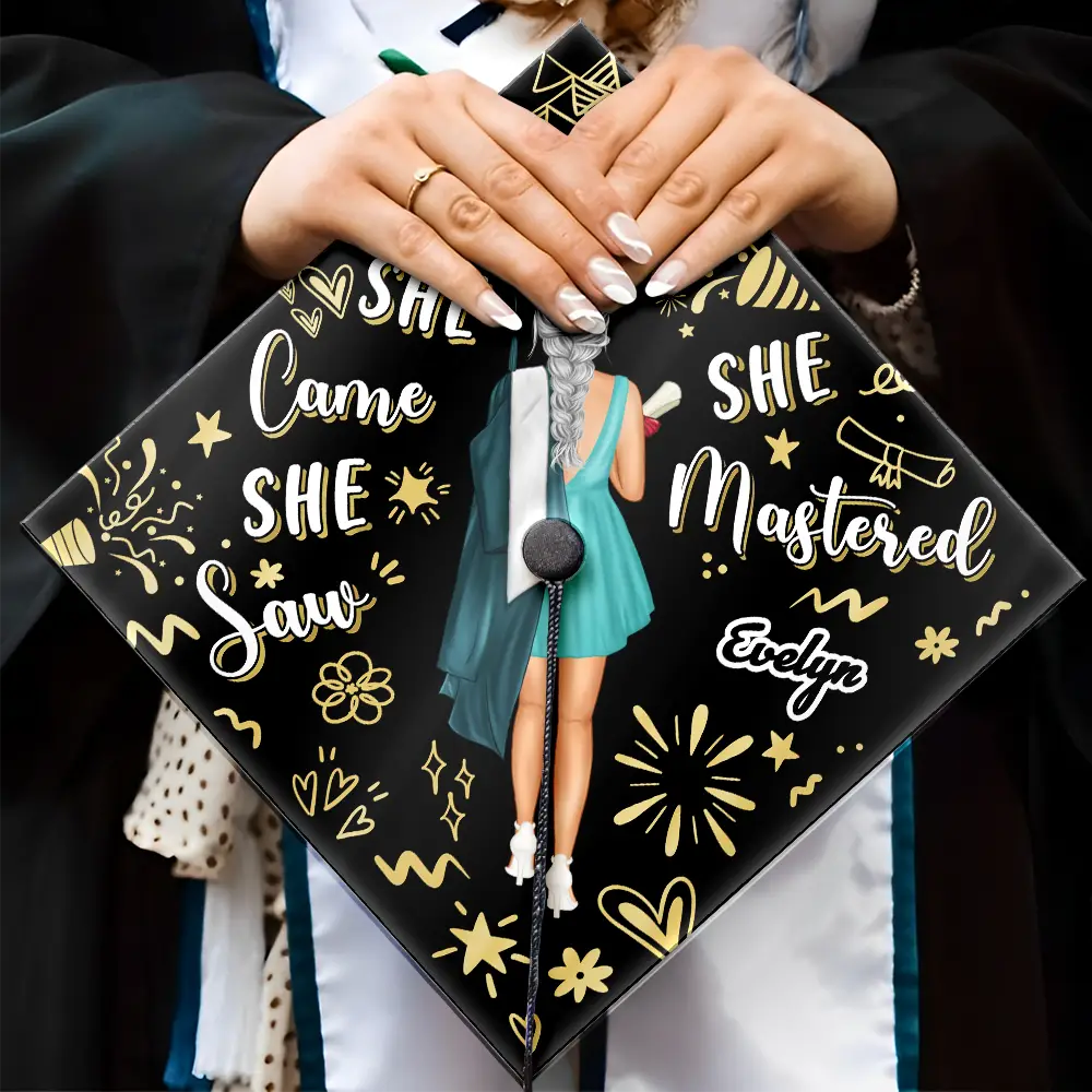 She Came, She Saw, She Mastered - Personalized Graduation Cap Topper Graduation Cap Topper PopCulturePrints