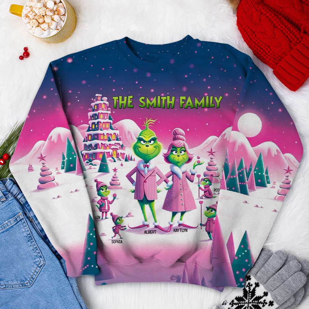 Custom Family Christmas Sweatshirt - Whimsical Grinch Theme AOP Products PopCulturePrints