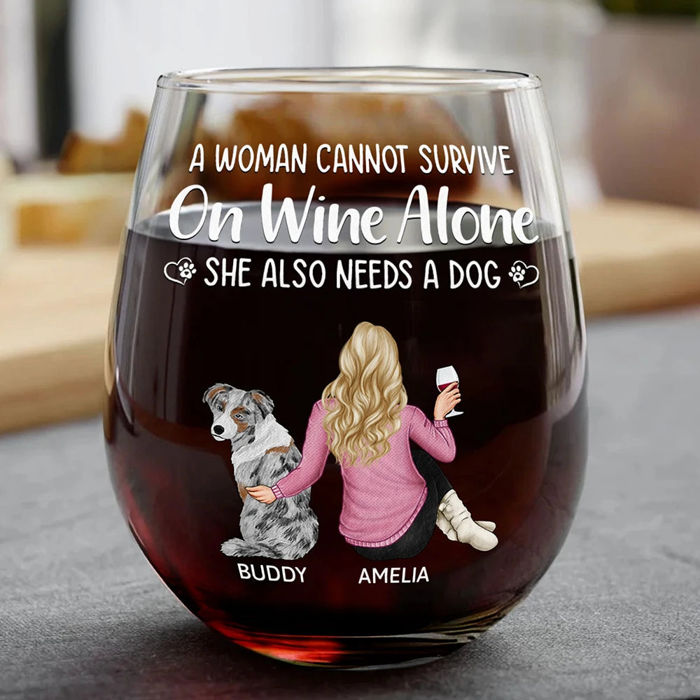 A Woman, Wine & Her Dog - Personalized Stemless Wine Glass Wine Glass PopCulturePrints