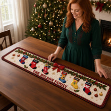 Load image into Gallery viewer, Season's Greetings: Personalized Holiday Stockings Quilted Table Runner - Custom Christmas Gift for Family &amp; Friends Quilted Table Runner PopCulturePrints
