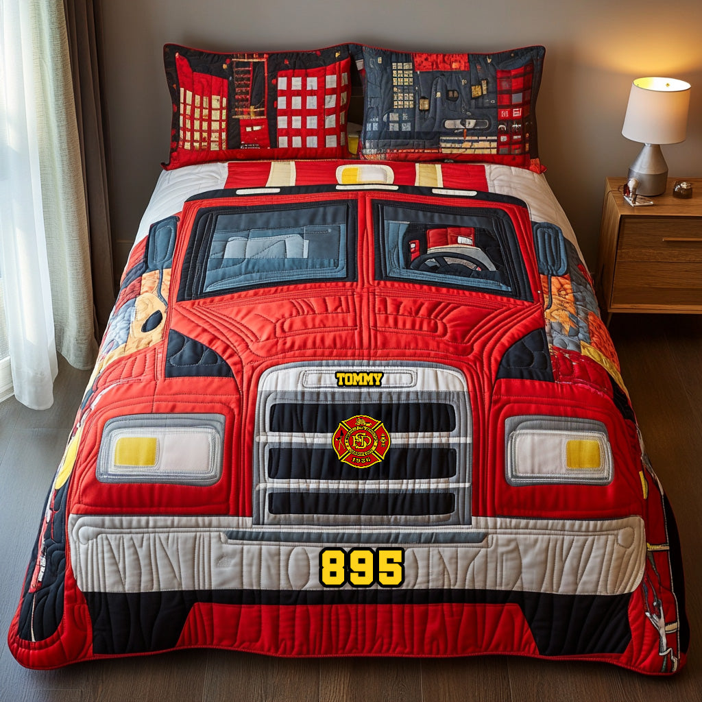 Ignite Adventure: Fire Truck Quilt Bedding Set - Personalized Gifts for Firefighters Blanket PopCulturePrints