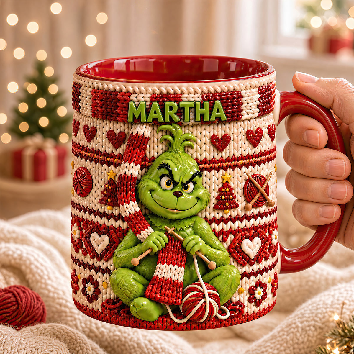 “Knitting is Happiness” – Personalized Grinch Coffee Mug for Christmas - Custom Gifts for Friends, Family, and Craft Lovers Coffee Mug PopCulturePrints