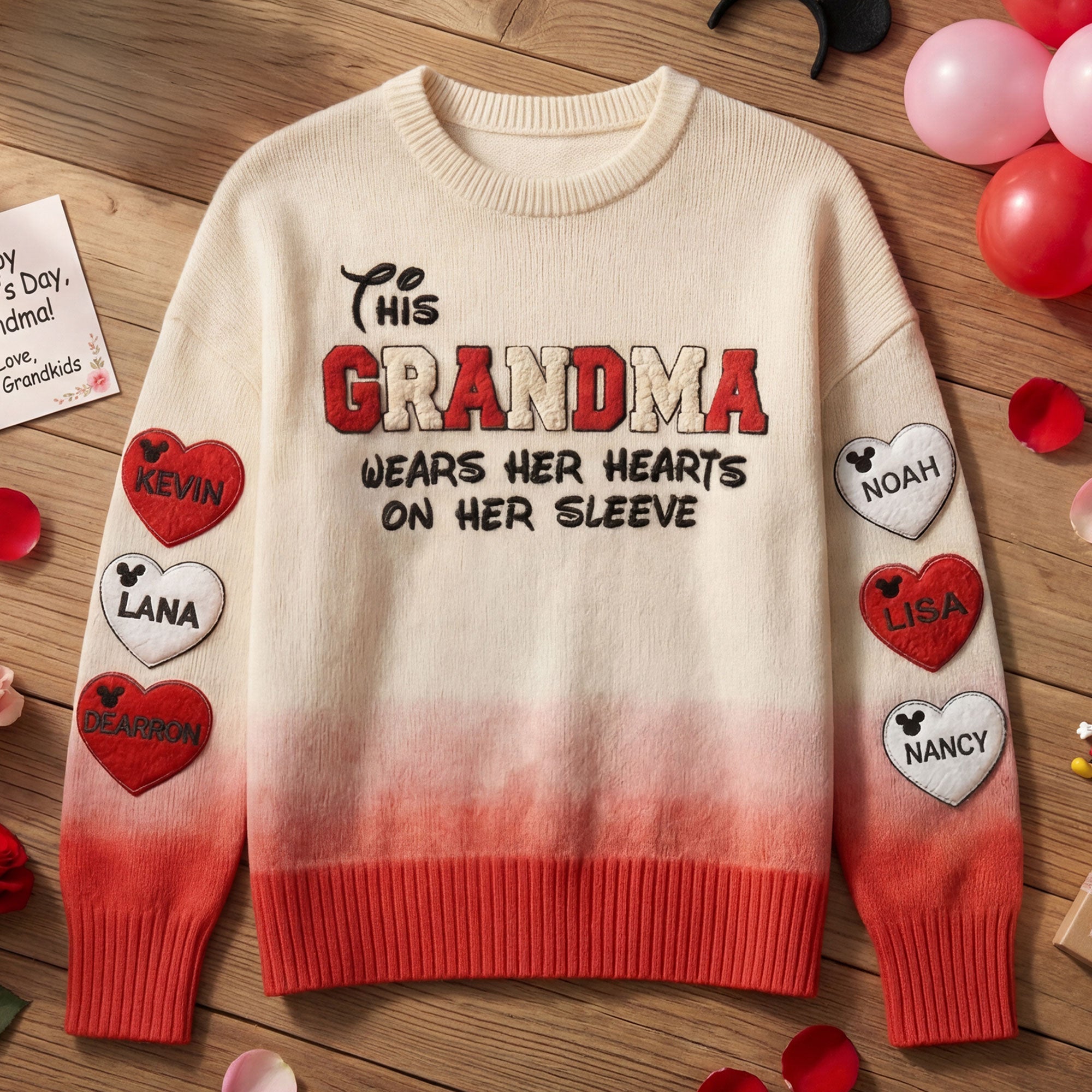 “This Grandma Wears Her Hearts On Her Sleeve” - Personalized Sweater, Gift for Grandma, Customizable for Family AOP Products PopCulturePrints