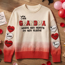 Load image into Gallery viewer, “This Grandma Wears Her Hearts On Her Sleeve” - Personalized Sweater, Gift for Grandma, Customizable for Family AOP Products PopCulturePrints
