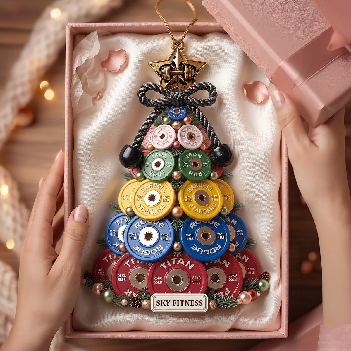 Celebrate the Strength: Weight Plate Tree Christmas Ornament – Personalize Your Gift for Gym Lovers Ornament PopCulturePrints