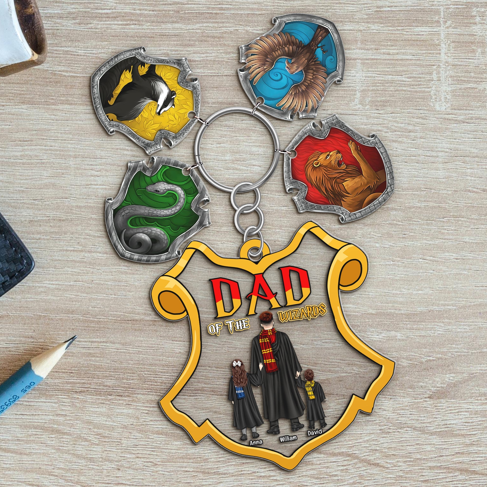 Personalized Hogwarts House Keychain - Dad of the Wizards