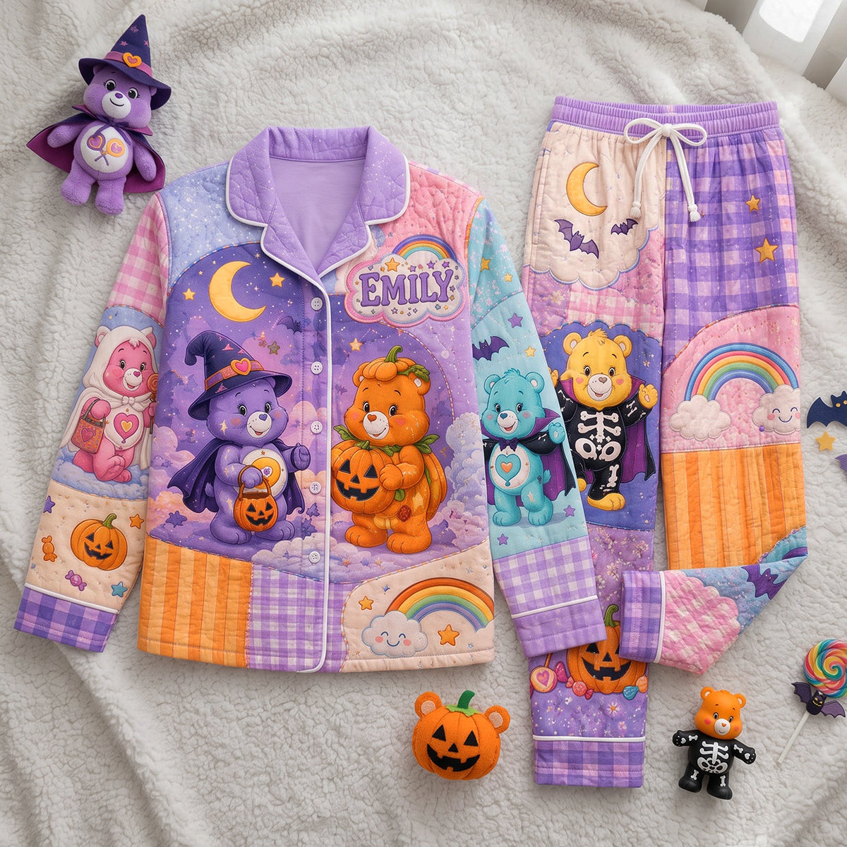 “Spook-tacular Comfort Awaits!” - Cute Spooky Pumpkin Button Up Pajama Set - Personalized Halloween Gifts Sleepwear Pajama Set PopCulturePrints