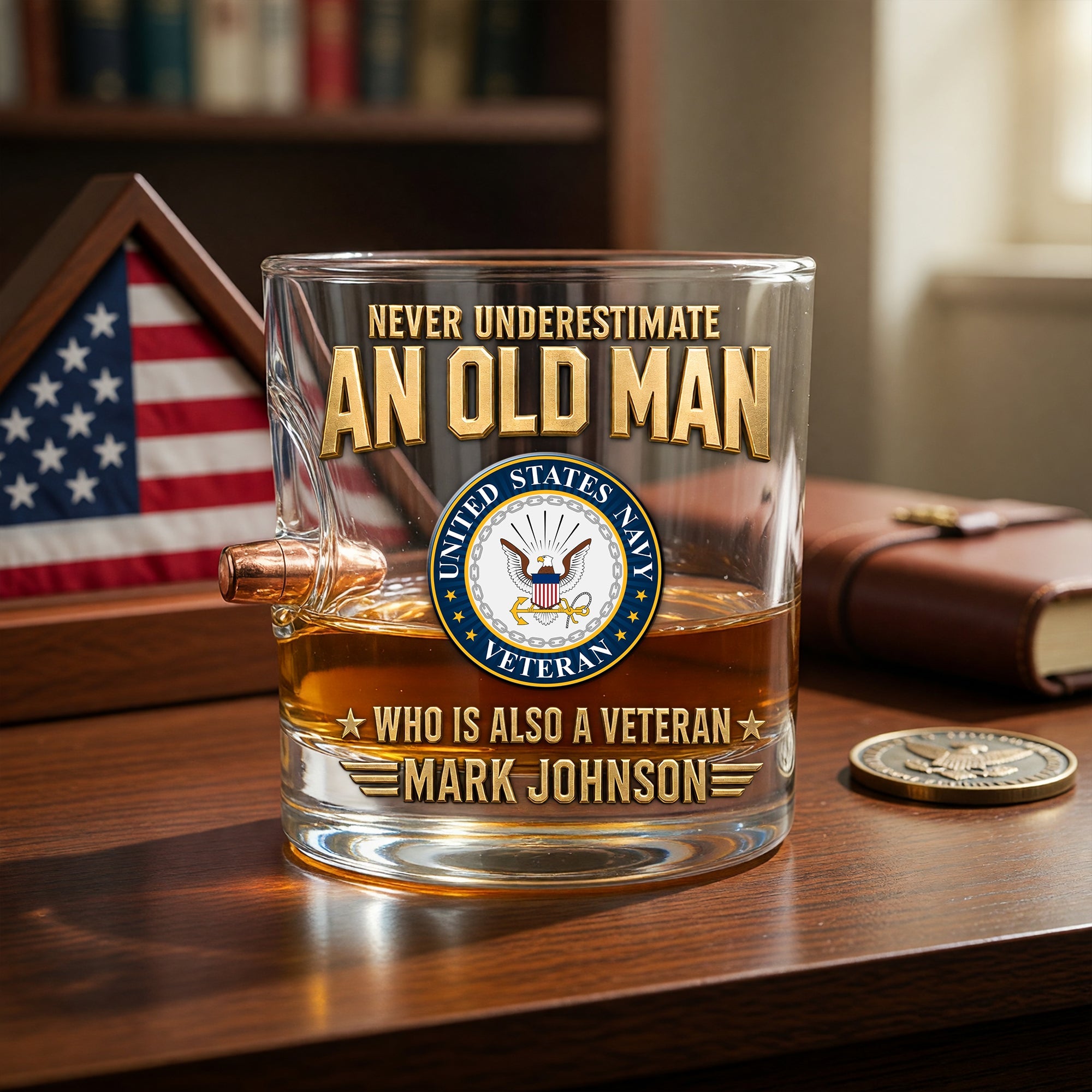 Never Underestimate An Old Man - Personalized Bullet Round Glass for Veterans