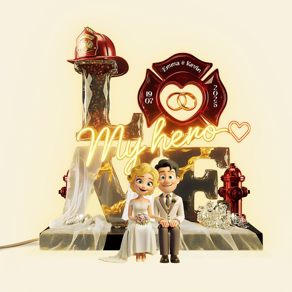 My Hero - Firefighter Wedding Couple Acrylic Light Box - Personalized Gift for Couples Light Box PopCulturePrints