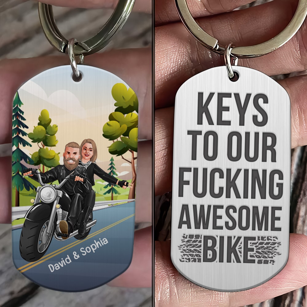 Personalized Biker Couple Keychain - Keys to Our Awesome Bike Keychains PopCulturePrints
