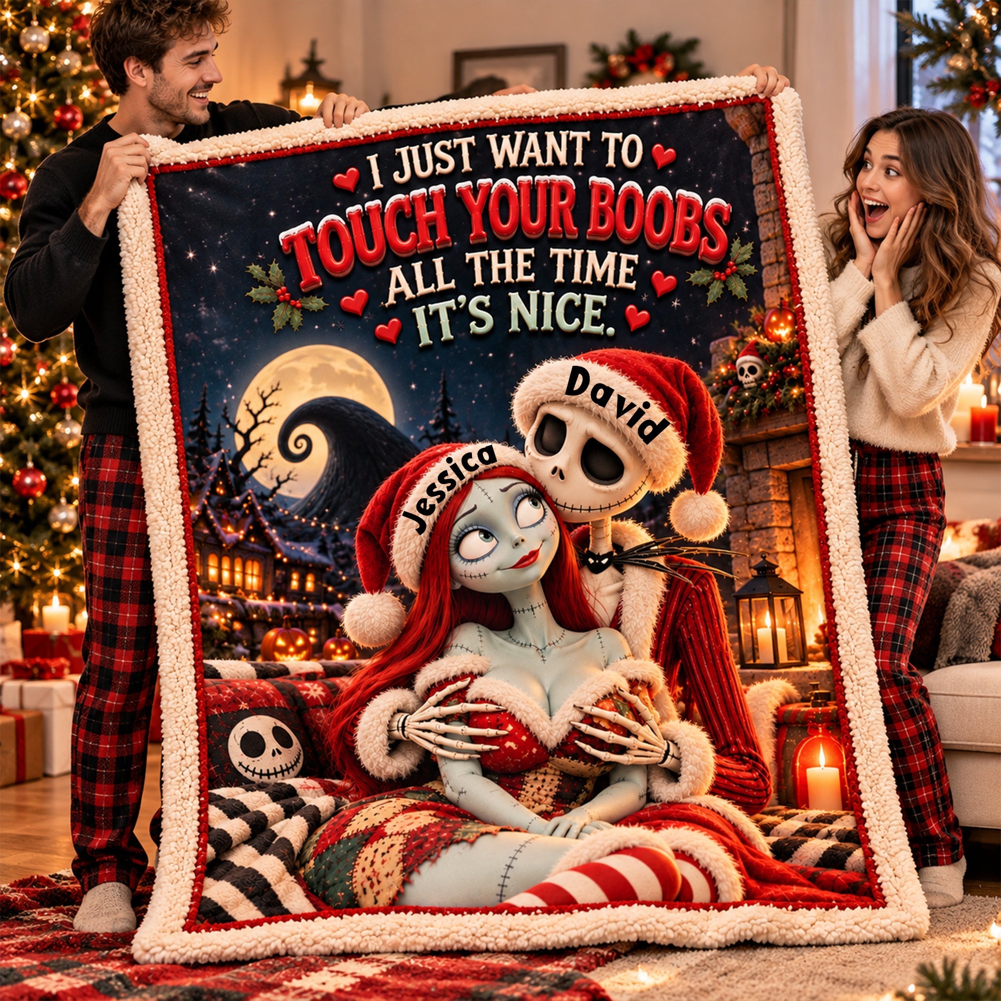 "I Just Want to Touch Your Boobs All the Time - It's Nice" - Cheeky Horror Couple Blanket - Personalized Gift for Couples