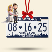 Load image into Gallery viewer, “Celebrate Your Love Story” - Personalized Married Couple License Plate Ornament - Unique Gift for Newlyweds, Couples, Anniversaries Ornament PopCulturePrints
