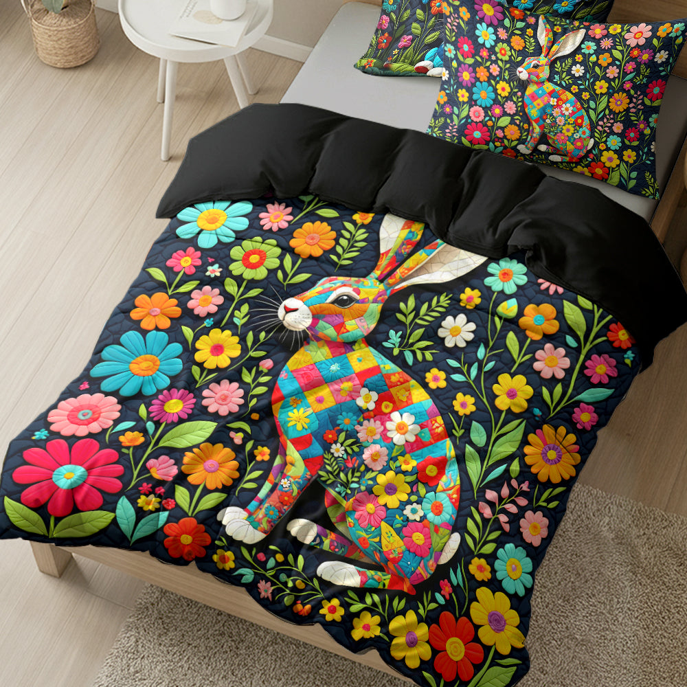 Whimsical Rabbit Lovers Quilt Bed Set - Colorful Floral Designs Blanket PopCulturePrints