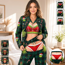 Load image into Gallery viewer, “Unwrap the Fun This Christmas!” - Cheeky Christmas Couple Button Up Pajama Set - Personalized Gift for Lovers, Friends &amp; Family
