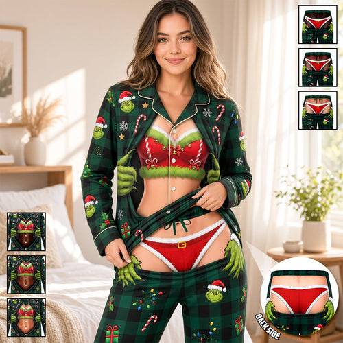 “Unwrap the Fun This Christmas!” - Cheeky Christmas Couple Button Up Pajama Set - Personalized Gift for Lovers, Friends & Family Pajama Set PopCulturePrints