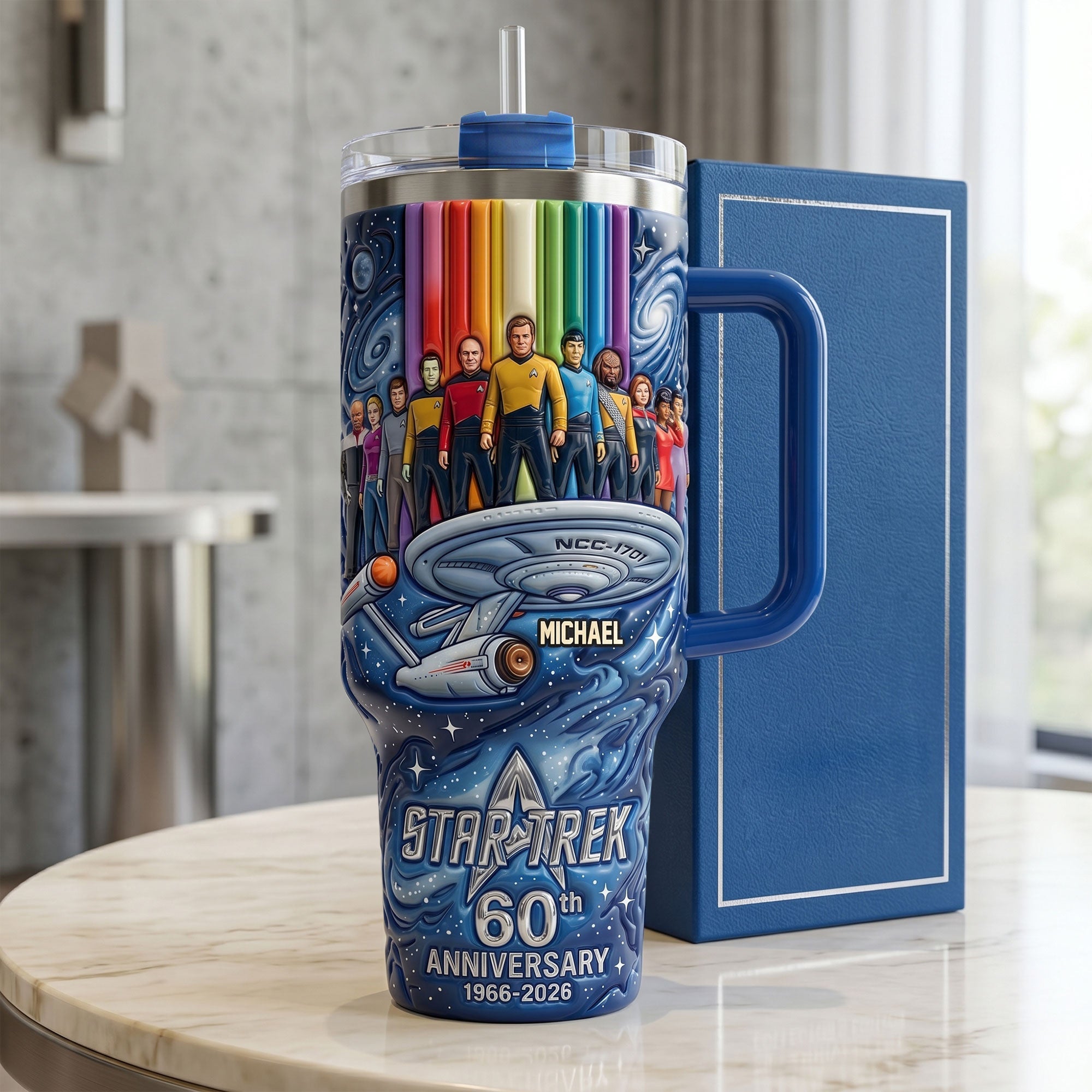 “Live Long and Prosper” - Custom Star Trek 60th Anniversary 40oz Tumbler with Handle - Personalized Gift for Star Wars Fans