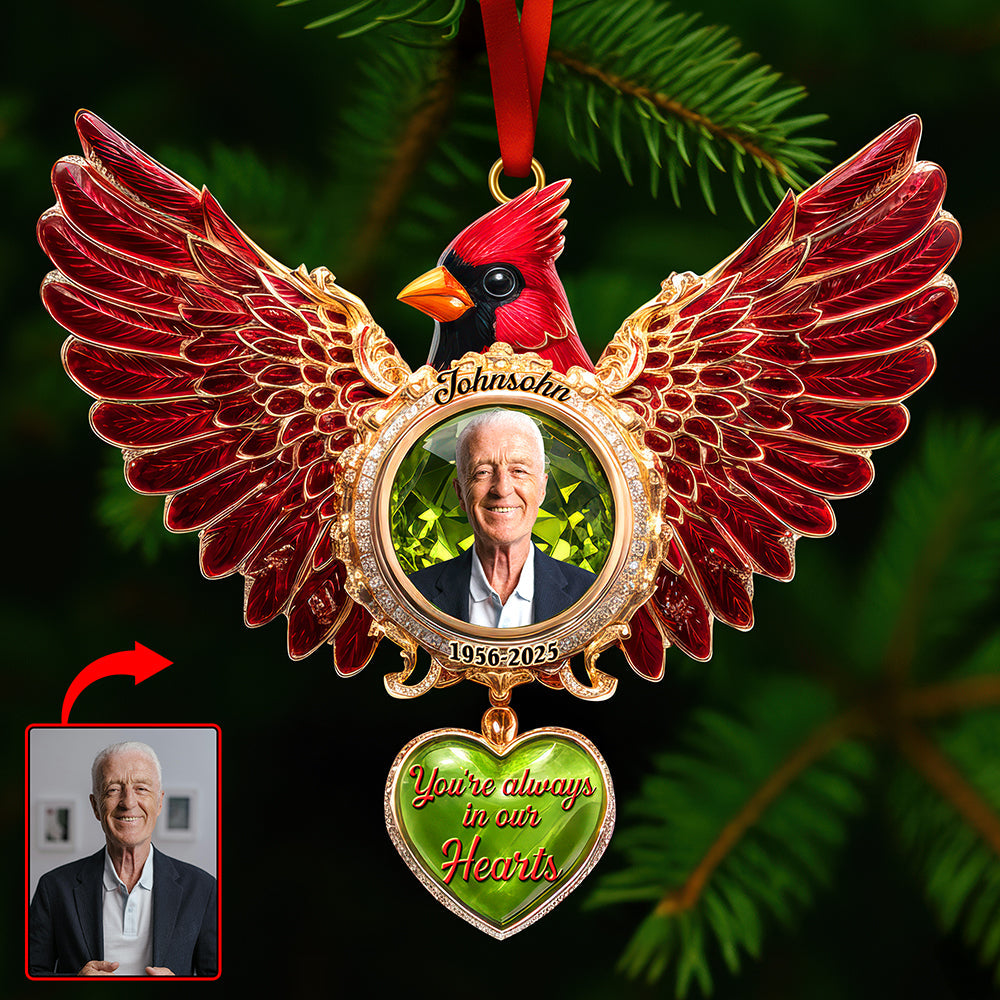 You're Always in Our Hearts – Cardinal Memorial Christmas Ornament - Custom Photo Gift for Loved Ones In Heaven Ornament PopCulturePrints
