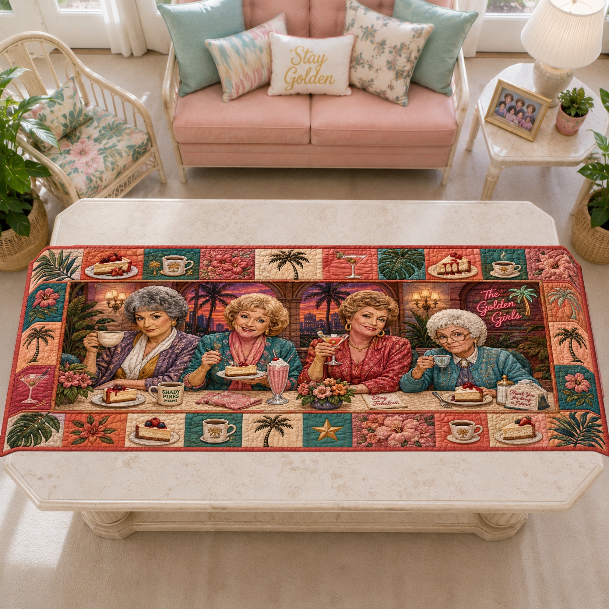 Stay Golden with Friends - Retro Ladies Quilted Table Runner - Personalized Gift for Everyone