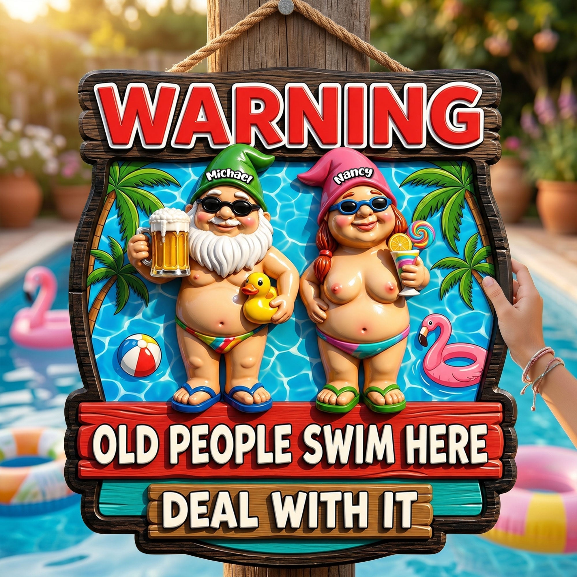 Warning: Old People Swim Here - Personalized Metal Sign for Couples