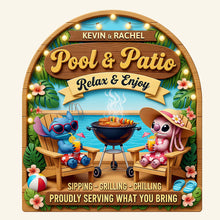 Load image into Gallery viewer, Alien Couple Poolside Wood Sign - Personalized Gift for Couples Wood Sign PopCulturePrints
