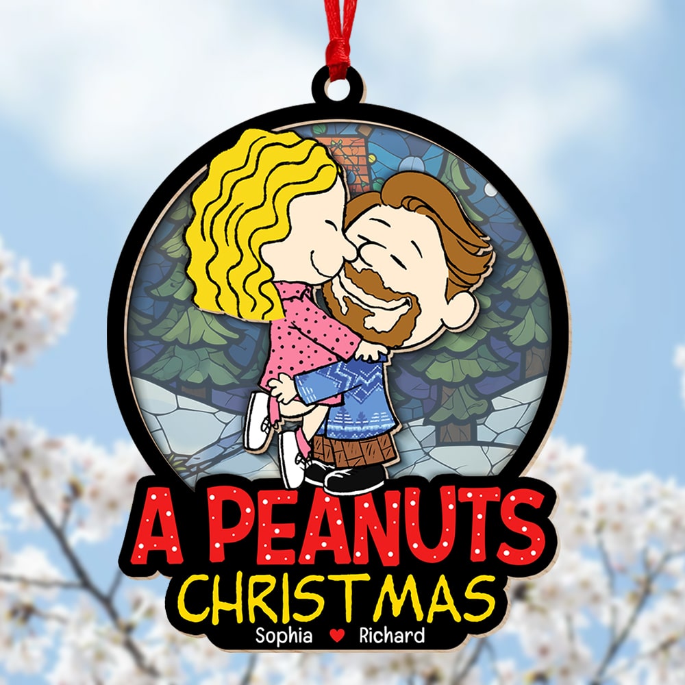 Personalized Couple's Christmas Ornament - Romantic Hugging by the Christmas Tree