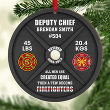 Load image into Gallery viewer, Personalized Firefighter Wood Ornament - Weight Plate Design Ornament PopCulturePrints
