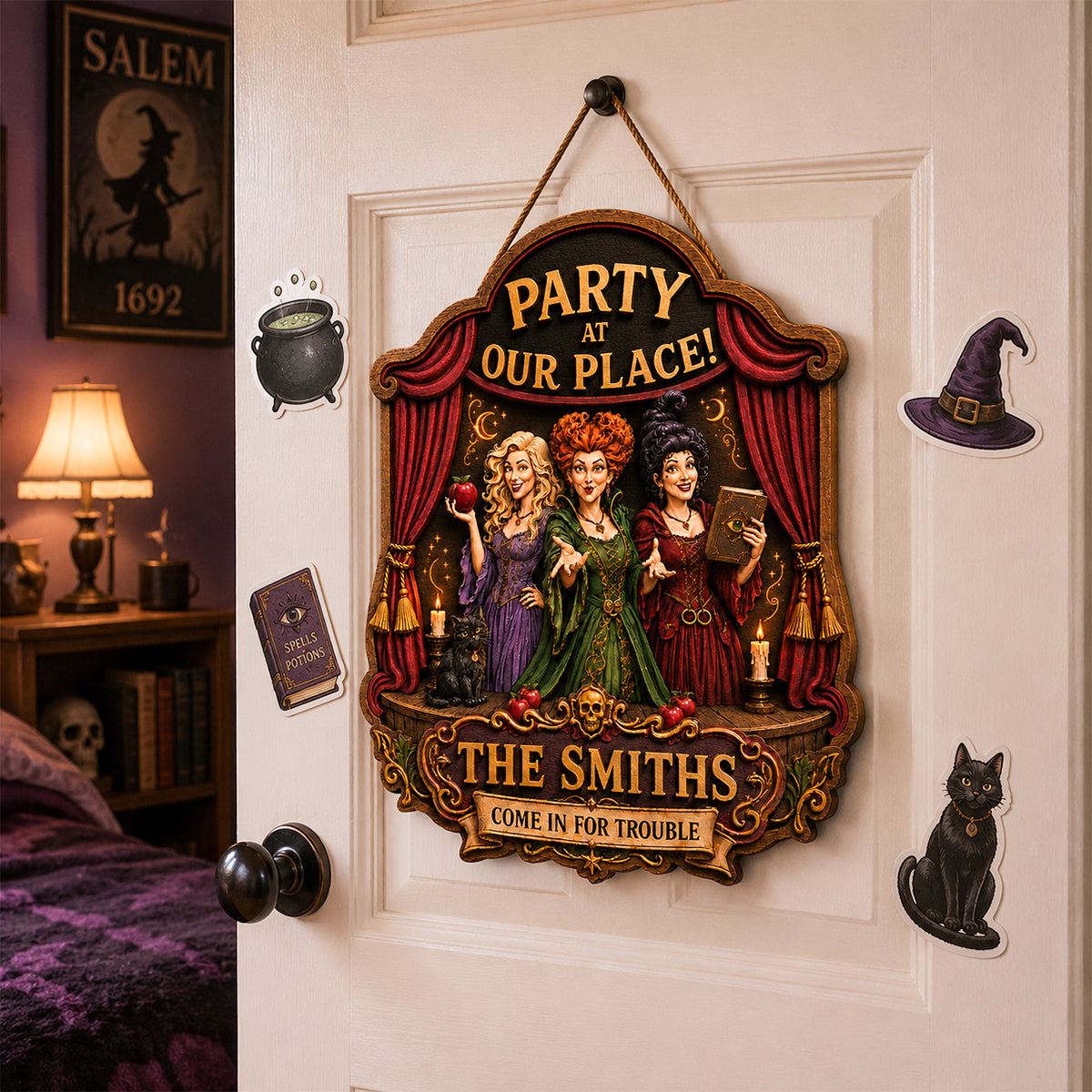 "Party At Our Place! Come In For Trouble" - Personalized Wood Sign - Unique Gift for Family & Friends