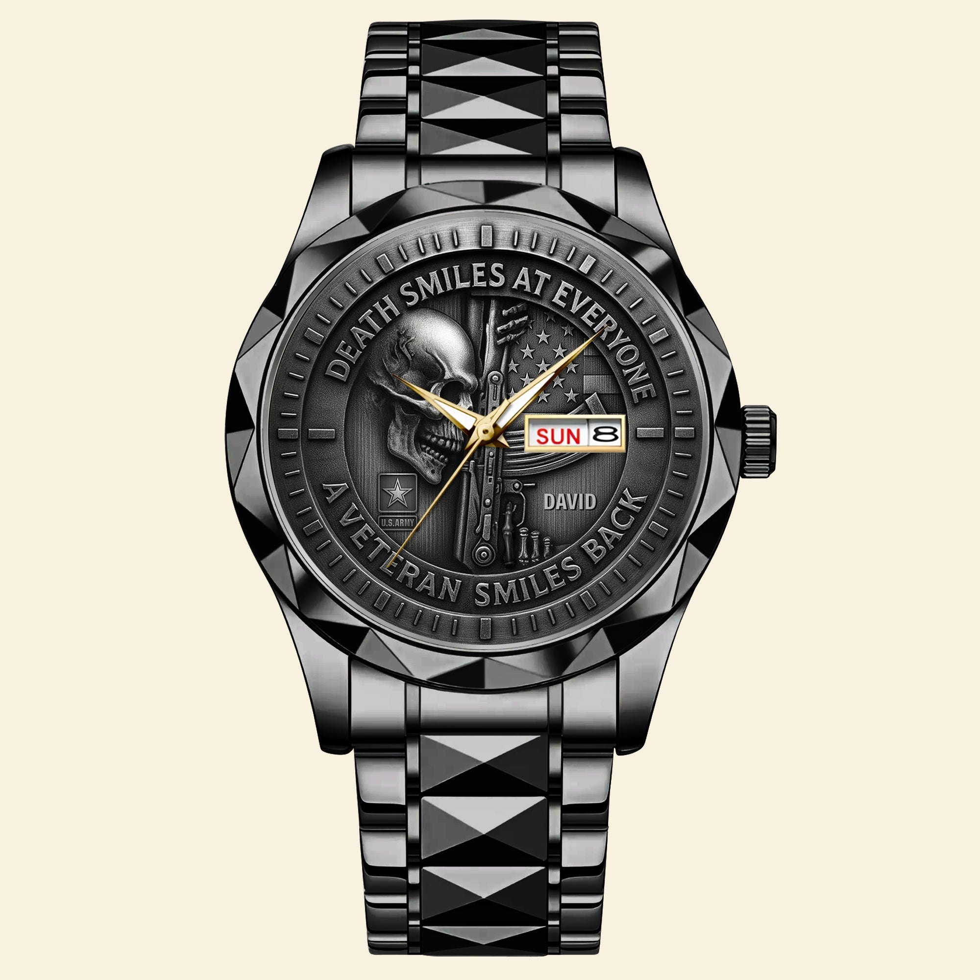 Death Smiles at Everyone, A Veteran Smiles Back - Fierce Military Skull Luxury Men's Watch | Personalized Gift for Veterans Men's Watch PopCulturePrints