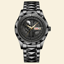 Load image into Gallery viewer, Death Smiles at Everyone, A Veteran Smiles Back - Fierce Military Skull Luxury Men's Watch | Personalized Gift for Veterans Men's Watch PopCulturePrints
