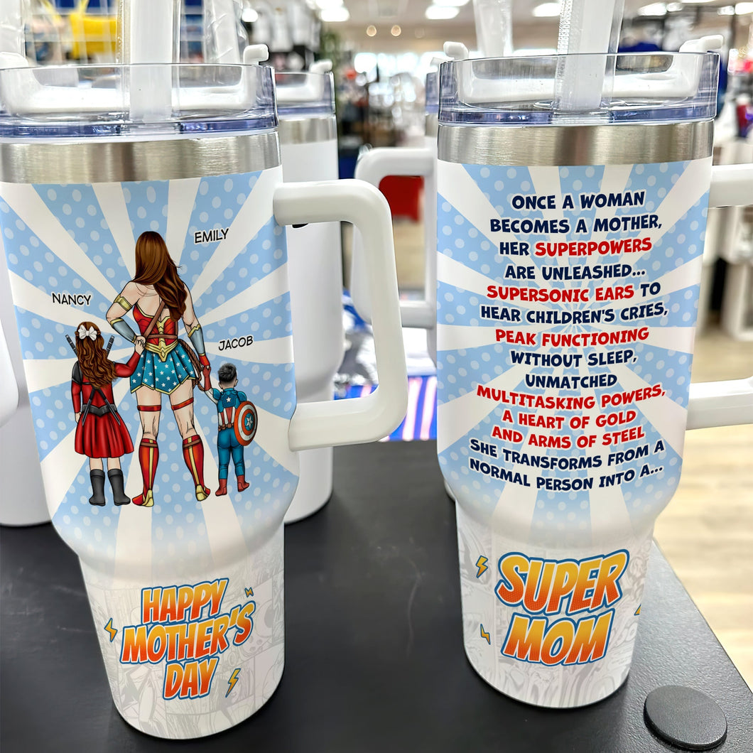 Personalized Super Mom Tumbler - Custom Names - Mother's Day Gift Tumbler Cup PopCulturePrints