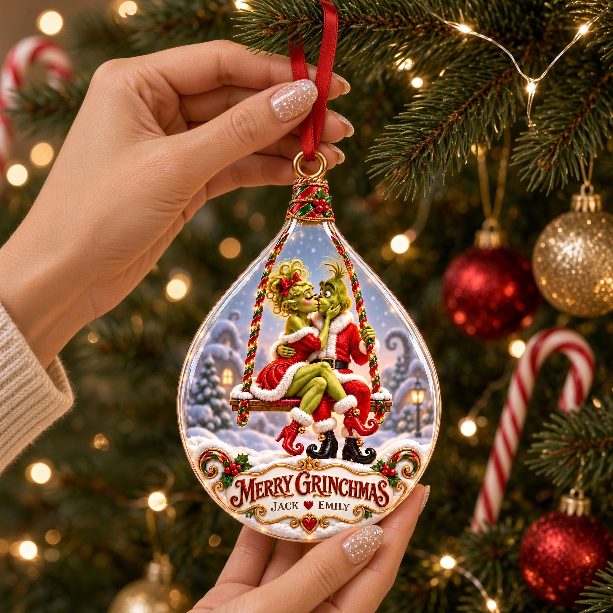 Merry Grinchmas Kissing Couple Ornament - Personalized Christmas Gift for Couples