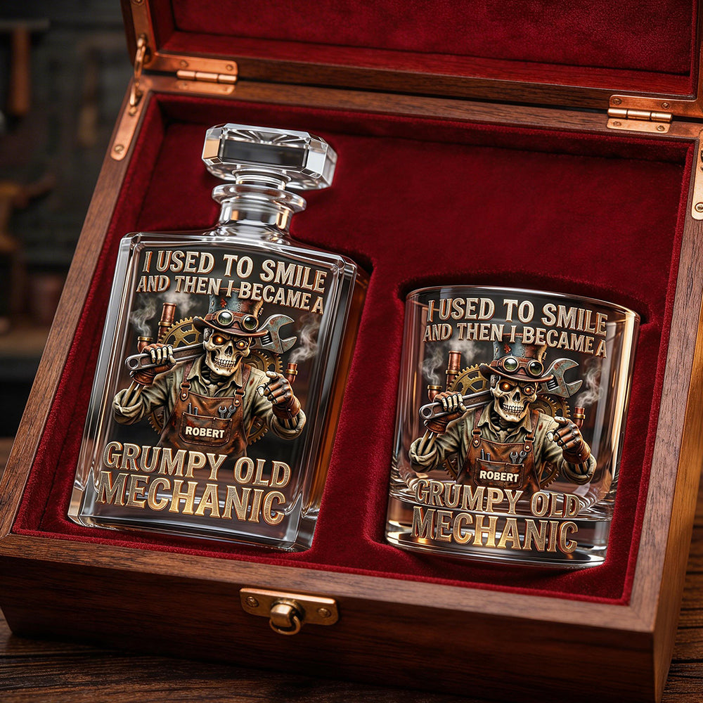 "I Used to Smile and Then I Became a" - Grumpy Old Mechanic Decanter Set - Personalized Gift for Mechanics Bottle PopCulturePrints