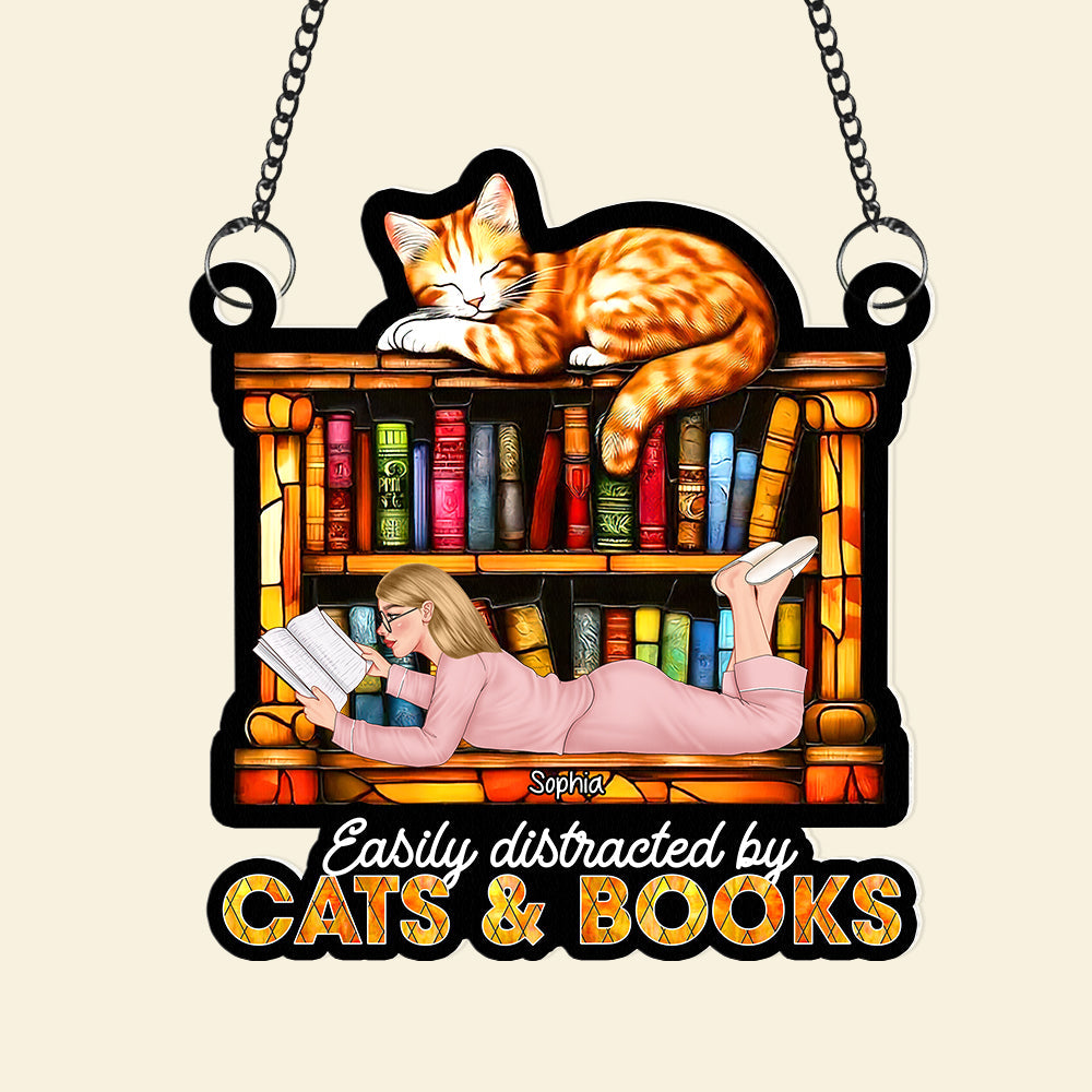 Personalized Suncatcher Ornament for Book Lovers - Easily Distracted by Cats & Books Ornament PopCulturePrints
