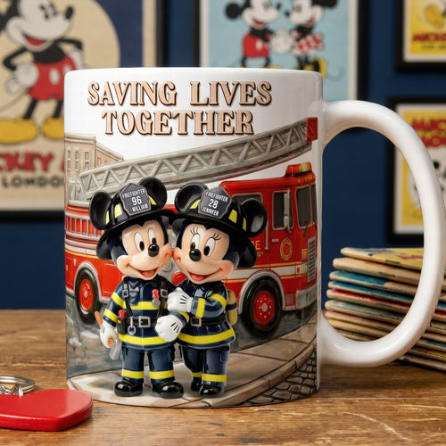 Saving Lives Together - Personalized Firefighter Couple Coffee Mug Coffee Mug PopCulturePrints