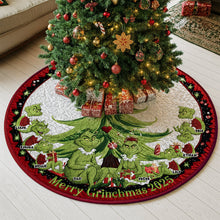 Load image into Gallery viewer, Merry Grinchmas 2025 - Personalized Funny Family Christmas Quilted Tree Skirt Tree Skirt PopCulturePrints
