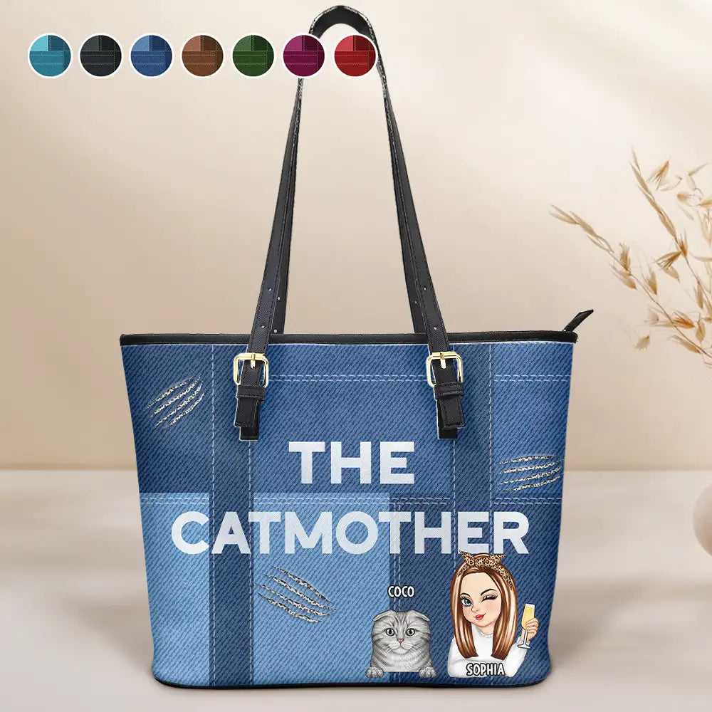 The Catmother - Personalized Leather Tote Bag for Cat Lovers Leather Tote Bag PopCulturePrints