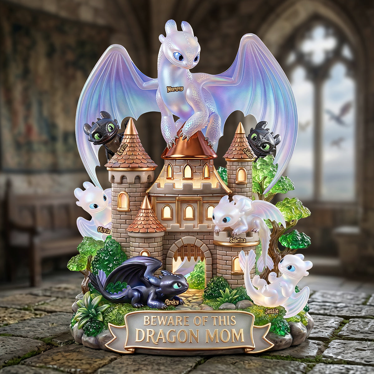 "Beware of This Dragon Mom" - Personalized Fantasy Castle Acrylic Plaque - Gifts for Mom, Grandma, and More Shaped Plaques PopCulturePrints
