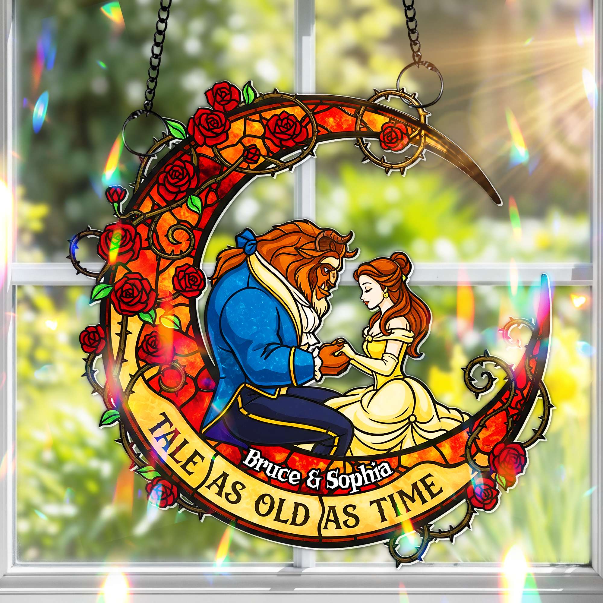 "A Tale As Old As Time" - Personalized Fairytale Couple Suncatcher Ornament - Unique Gift for Couples, Anniversaries, and Special Occasions Ornament PopCulturePrints