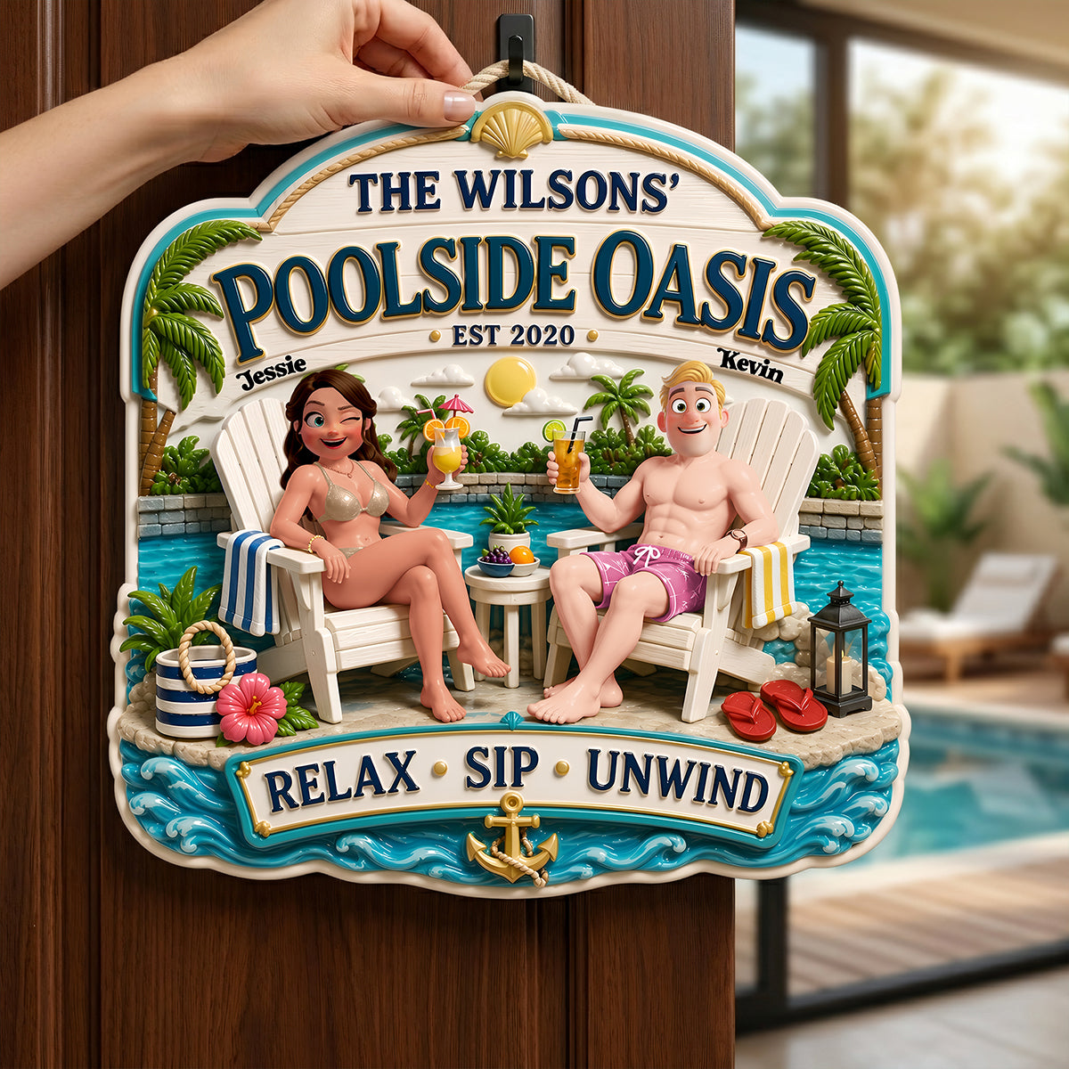 Relax and Unwind at Your Own Poolside Oasis - Custom Metal Sign for Couples